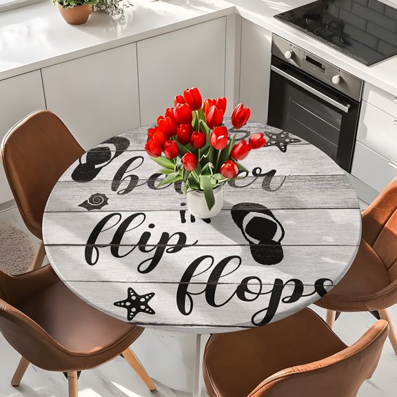 Summer Ocean Theme Texts with Flip Flops Round Fitted Tablecloth with Elastic Edge,Waterproof Table Cloth Fits 36"-44" Tables,Wipeable Washable Table Cover for Indoor Outdoor Dinning,Wooden Grain