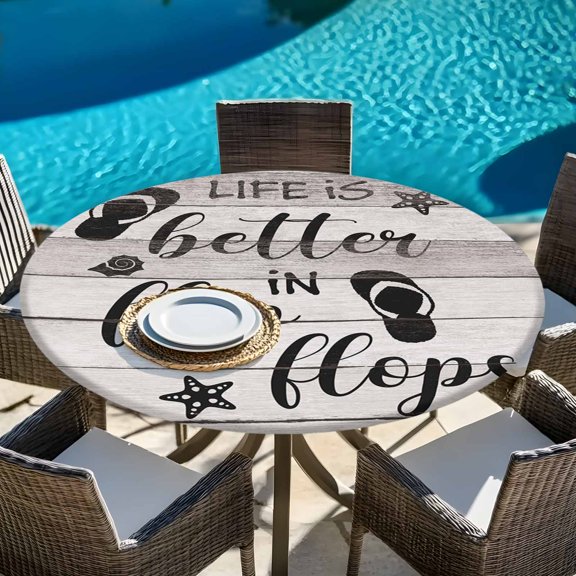 Summer Ocean Theme Texts with Flip Flops Round Fitted Tablecloth with Elastic Edge,Waterproof Table Cloth Fits 45"-54" Tables,Wipeable Washable Table Cover for Indoor Outdoor Dinning,Wooden Grain