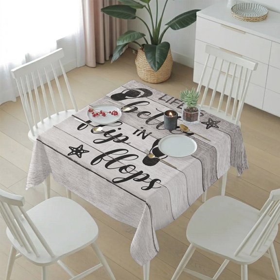 Summer Ocean Theme Texts with Flip Flops Table Cloth 54x54in, Waterproof Square Tablecloth Wipeable Tablecloths Wooden Grain Table Covers for Dining Tables Party Indoor Outdoor