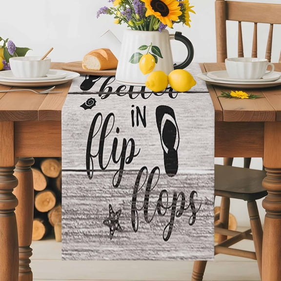 Summer Ocean Theme Texts with Flip Flops Table Runner 36 Inches Long, Wooden Grain Table Runners Tabletop Scarf Kitchen Dining Tables Decoration for Home Party Indoor Outdoor