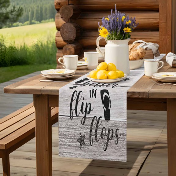 Summer Ocean Theme Texts with Flip Flops Table Runner 70 Inch Long Wooden Grain Table Runners Linen Burlap Tablerunner for Kitchen Dining Room Holiday Party