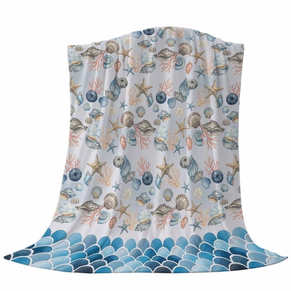 Summer Ocean Throw Flannel Blanket Coastal Starfish Conch Shell Blue Wave Seascape Super Soft Cozy Bed Blanket, Lightweight Plush Fuzzy Bed Throw for Bedroom Sofa Couch Living Room 32x48In,