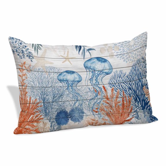 Summer Ocean Throw Pillow Covers Blue Jellyfish Orange Corals Shells Wood Grain Decorative Lumbar Pillow Cover Rectangle Cushion Case for Sofa Couch Bed Living Room Bedroom 12 X 20 Inches