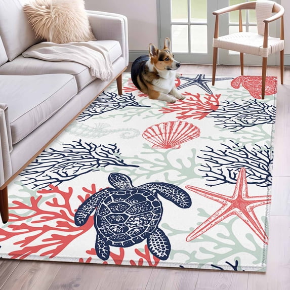 Summer Ocean Turtle Area Rugs 4x6 ft Red Blue Coral Seahorse Starfish Washable Rug Non Slip Indoor Carpet Absorbent Floor Mat for Living Room Bedroom Dining Room