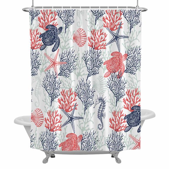 Summer Ocean Turtle Bathroom Shower Curtain, Red Blue Coral Seahorse Starfish Waterproof Washable Soft Bath Curtain for Bathtub Decor with 12 Hooks&Grommet, 36x78 Inch