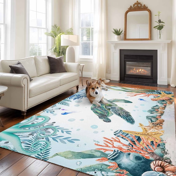 Summer Ocean Turtle Large Area Rugs 6x9 ft Nautical Colorful Sea Fish Octopus Coral Seashell Washable Rug Non Slip Indoor Carpet Absorbent Floor Mat for Living Room Bedroom Dining Room