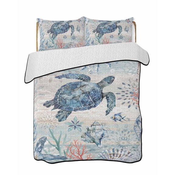 Summer Ocean Turtle Quilts Bedding Set Twin Size Shell Coral Lightweight Quilted Bedspread 3 Piece Bed Quilt with 2 Pillow Shams All Season for Bedroom 68" x 86"