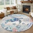 thumbnail image 1 of Summer Ocean Turtle Round Living Room Rugs 6 ft, Retro Coral Shell Washable Area Rug with Non-Slip Sturdy Edge Binding Round Carpet for Kitchen Office Bedroom, 1 of 9