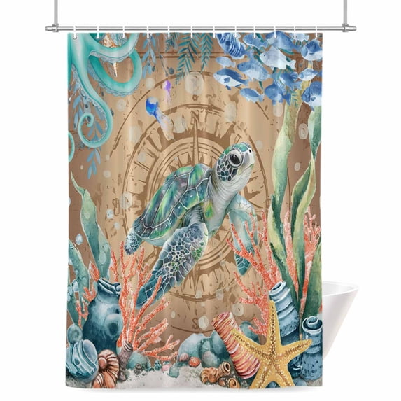 Summer Ocean Turtle Shower Curtain, 36" x 72", Nautical Colorful Sea Fish Octopus Coral Compasses Waterproof Bathroom Curtain Washable Shower Curtain Set with 12 Hooks