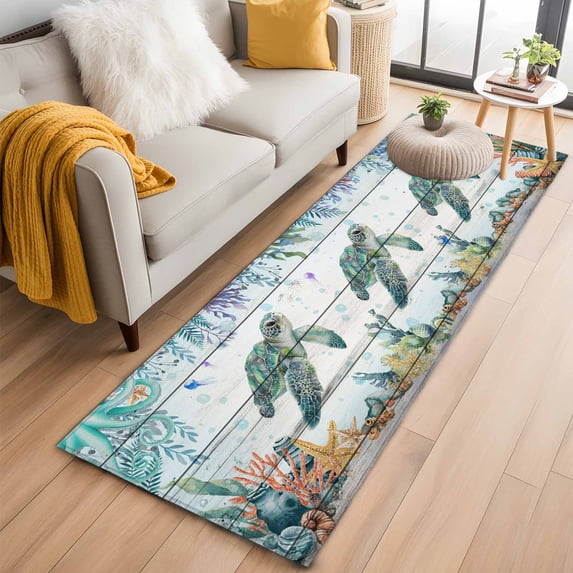 Summer Ocean Turtle Washable Runner Rugs 2'x6', Nautical Colorful Sea Fish Octopus Coral Wood Grain Low Pile Throw Entryway Rug Non-Slip Sturdy Edge Binding Carpet for Indoor Bedside Entrance Bedside