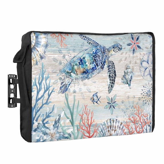 Summer Ocean Turtle Waterproof Outdoor TV Cover, Retro Coral Shell Outside Weatherproof TV Enclosures for 80 to 85 Inch LCD Television Shield Flat Screen Protectors