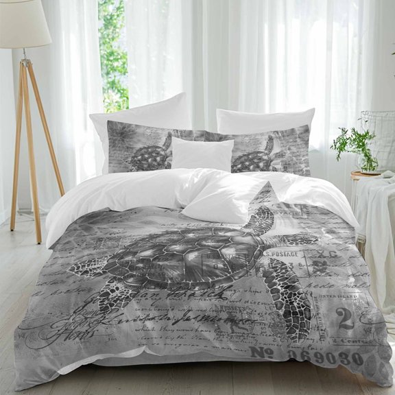 Summer Ocean Twin Size Comforter Set, Sea Turtle Gray Watercolor Retro Bedding for All Seasons, 4 Pcs Bed Set, 1 Quiltcover (68"x86") ,1Sheet(67"x116"), 2Pillowcases (30"x20")