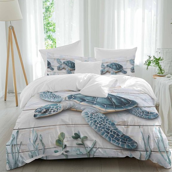 Summer Ocean Twin Size Comforter Set, Vintage Blue Turtle Seagrass Wood Grain Bedding for All Seasons, 4 Pcs Bed Set, 1 Quiltcover (68"x86") ,1Sheet(67"x116"), 2Pillowcases (30"x20")