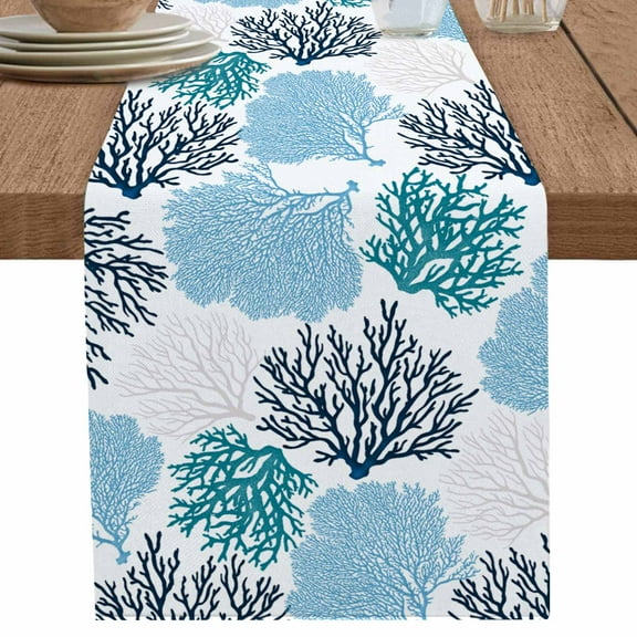 Summer Ocean Underwater Blue Coral Table Runner-70 Inch Long Abstract Marine Life Table Runners Linen Burlap Tablerunner for Kitchen Dining Room Holiday Party