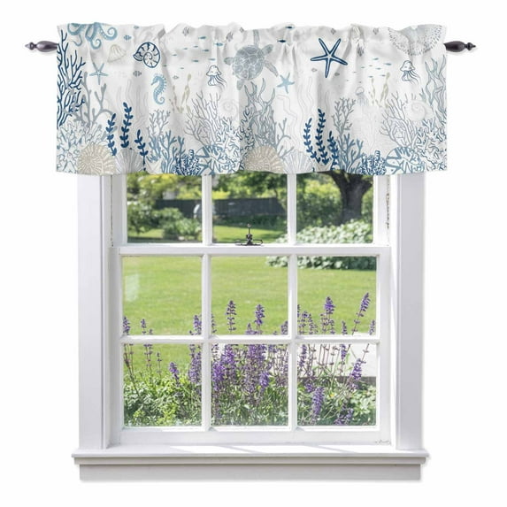 Summer Ocean Valance Curtain Blue Grey Shell Coral Turtle Starfish Marine Life Window Valances Rod Pocket Short Curtains Window Treatments for Kitchen Bedroom Bathroom Laundry 42" x 12"