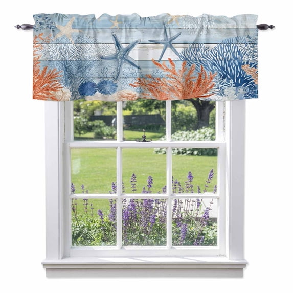Summer Ocean Valance Curtain Nautical Sea Orange Blue Starfish Corals Blue Wood Grain Window Valances Rod Pocket Short Curtains Window Treatments for Kitchen Bedroom Bathroom Laundry 56" x 16"