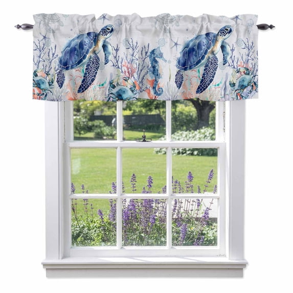 Summer Ocean Valance Curtain for Windows Watercolors Blue Sea Turtles Corals Coastal Rod Pocket Curtain Valances Short Window Treatments Panels for Kitchen Bathroom Laundry Room Basement 60 x 14 Inch