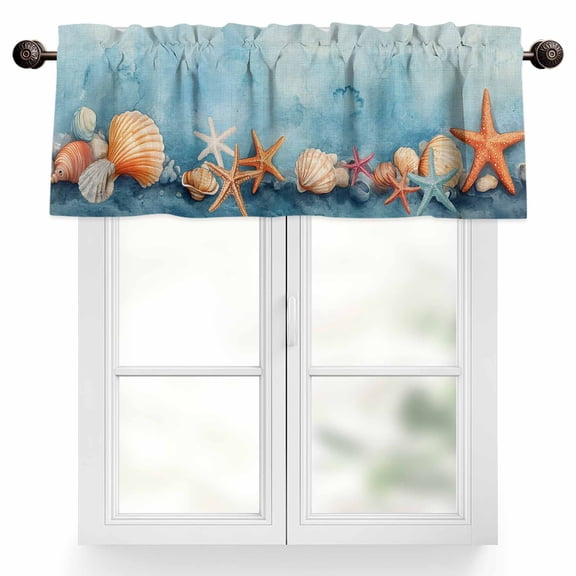 Summer Ocean Valances for Windows, 54 x 18in, Watercolor Starfish Shell Linen Texture Rod Pocket Kitchen Valance Curtain Light Filtering Window Treatments for Living Room Bedroom, 1 Panel