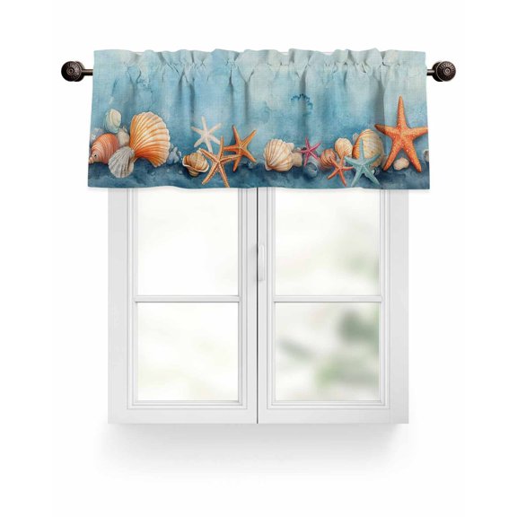 Summer Ocean Valances for Windows Watercolor Starfish Shell Linen Texture Valance Rod Pocket Light Filtering Short Window Treatments Curtains for Kitchen Bathroom Living Room Bedroom, 60 x 18 Inch