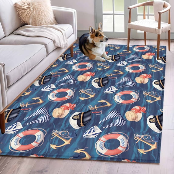 Summer Ocean Washable Area Rugs 2.7'x5', Watercolor Blue Anchor Navy Cap Low Pile Throw Living Room Rug Non-Slip Sturdy Edge Binding Carpet for Indoor Entryway Bedside Kitchen