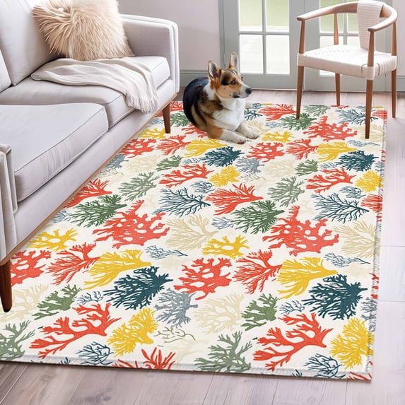 Summer Ocean Washable Area Rugs 4'x6', Watercolor Red Yellow Coral Low Pile Throw Living Room Rug Non-Slip Sturdy Edge Binding Carpet for Indoor Entryway Bedside Kitchen