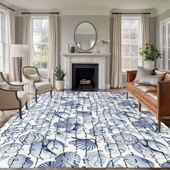 Summer Ocean Washable Living Room Rugs 5'x7', Blue Retro Conch Starfish Shell Low Pile Throw Large Area Rugs Non-Slip Sturdy Edge Binding Carpet for Dining Room Bedside Kitchen