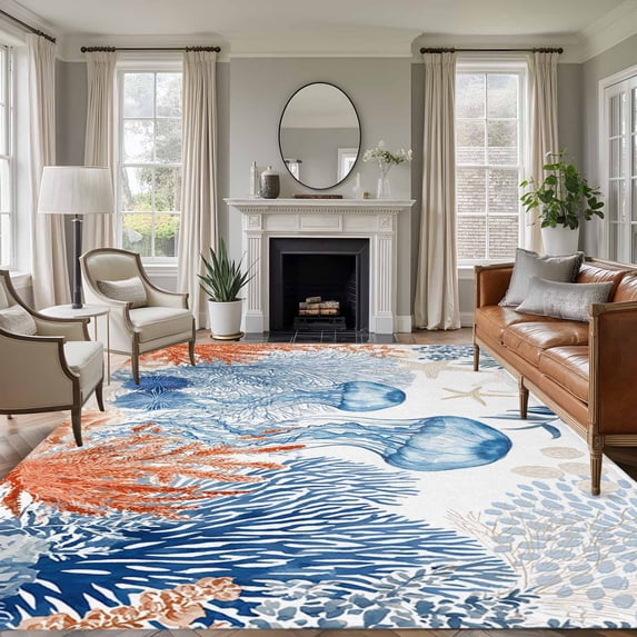 Summer Ocean Washable Living Room Rugs 6'x9', Blue Jellyfish Orange Corals Shells Starfish Low Pile Throw Large Area Rug Non-Slip Sturdy Edge Binding Carpet for Dining Room Kitchen Office