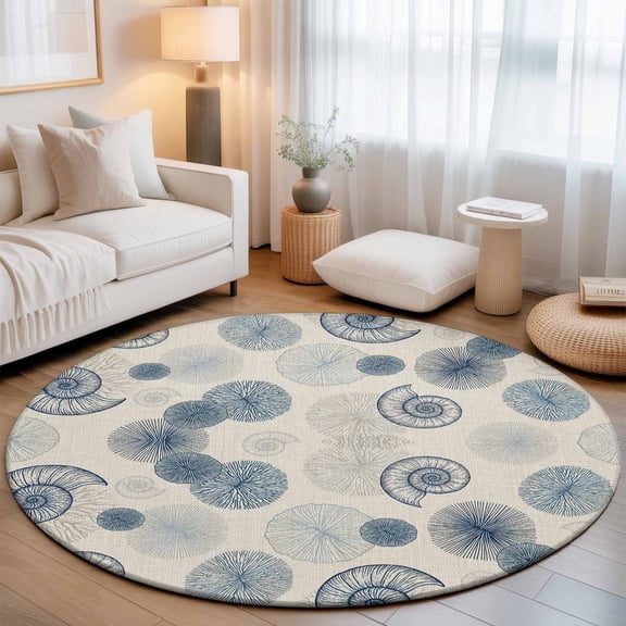 Summer Ocean Washable Round Area Rug 3 ft, Retro Blue Seashells Conch Coral Linen Texture, Soft Non Slip Rugs Stain Repellent Indoor Felt Carpet for Living Dining Room Bedroom Home Office
