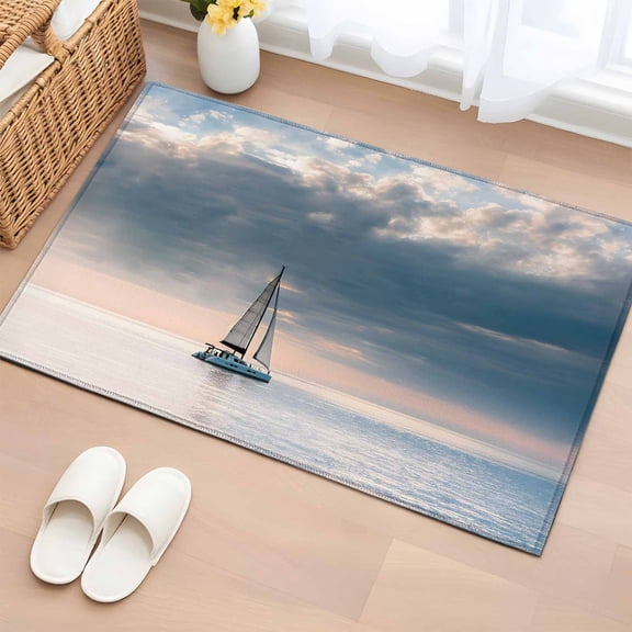 Summer Ocean Washable Small Entryway Area Rugs 2'x3', Blue Sea Sky Dark Cloud Nautical Sailboat Seascape Low Pile Throw Rug Non-Slip Sturdy Edge Binding Carpet for Front Door Floor Room Entry