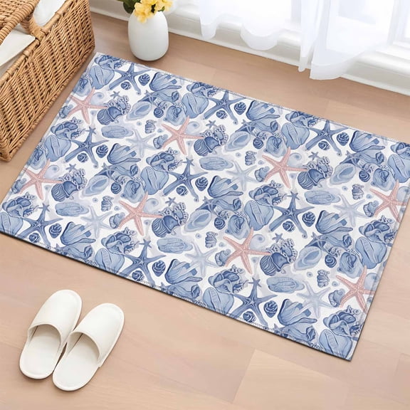Summer Ocean Washable Small Entryway Area Rugs 2'x3', Blue Shell Starfish Conch Low Pile Throw Rug Non-Slip Sturdy Edge Binding Carpet for Front Door Floor Room Entry