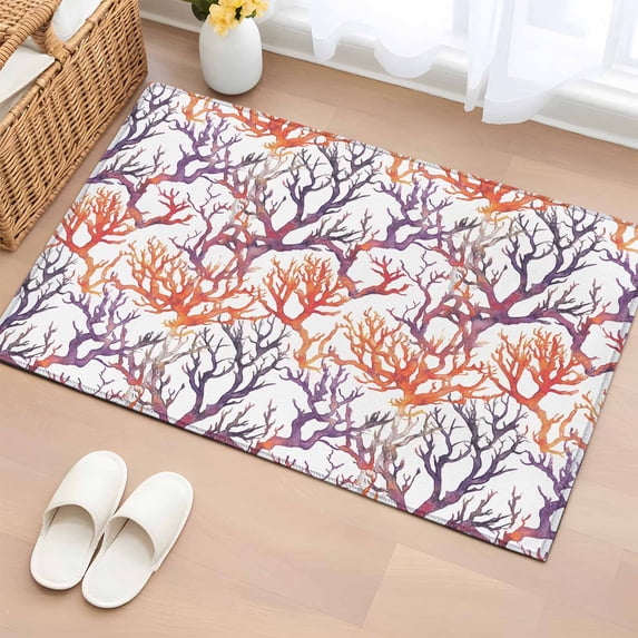 Summer Ocean Washable Small Entryway Area Rugs 2'x3', Coral Red Purple Watercolor Style Coastal Low Pile Throw Rug Non-Slip Sturdy Edge Binding Carpet for Front Door Floor Room Entry