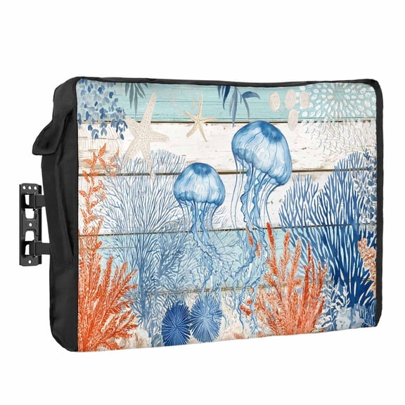 Summer Ocean Waterproof Outdoor TV Cover, Coastal Jellyfish Orange Corals Shells Teal Wooden Outside Weatherproof TV Enclosures for 80 to 85 Inch LCD Television Shield Flat Screen Protectors