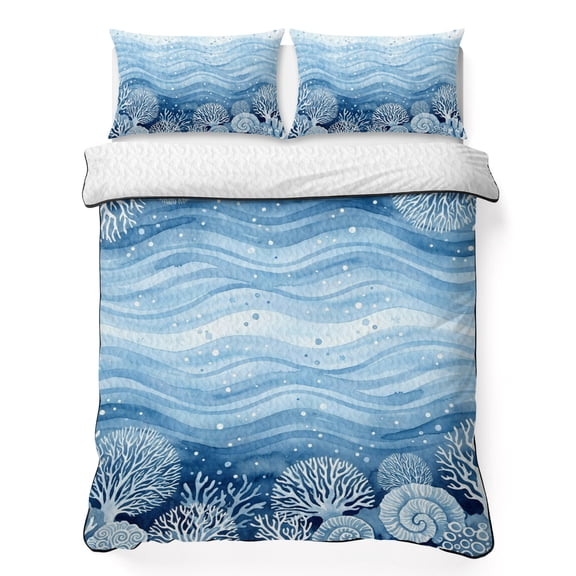 Summer Ocean Wave Coral 3 Piece Quilt Bedding Set with 2 Pillow Shams, Nautical Coastal Watercolor Blue Sea Waves Lightweight Bedspread Coverlet, Soft Breathable All Season Quilt, 68 x 98 Inch