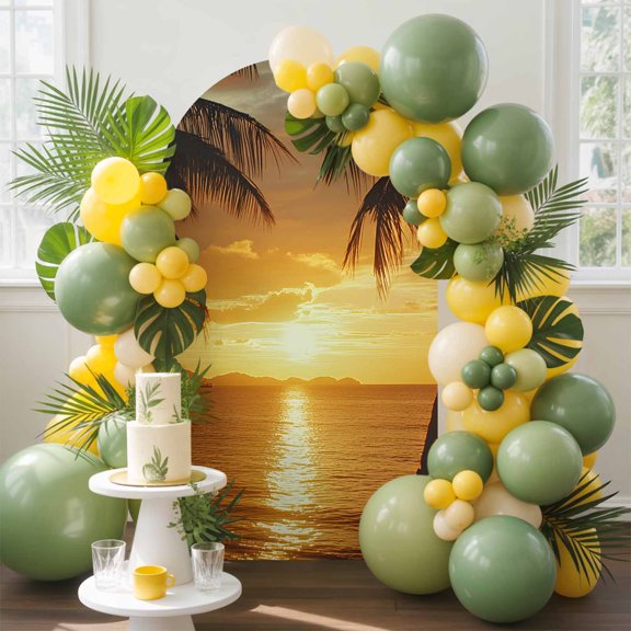 Summer Ocean Wave Palm Tree Arch Backdrop Cover Stretchy Spandex Arch Cover 6ft, Seaside Beach Sunset Round Top Chiara Stand Covers for Wedding Birthday Party Ceremony Banquet