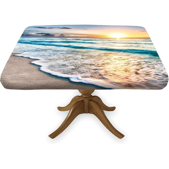 Summer Ocean Wave Square Fitted Tablecloth, Hawaii Seashore Sunrise Sunset Elastic Edge Table Cover, Wrinkle Resistant Decor Cloth, for Holiday Party Banquet Dinner, Fits 36x36 Inch