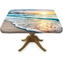 Summer Ocean Wave Square Fitted Tablecloth, Hawaii Seashore Sunrise Sunset Elastic Edge Table Cover, Wrinkle Resistant Decor Table Cloth, for Holiday Party Banquet Dinner, Fits 34x34 Inch Table
