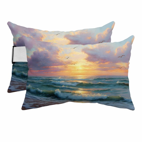 Summer Ocean Waves Outdoor Pillows for Chaise Lounge Chair Beach Headrest Pillow Set of 2 Waterproof Lumbar Pillows with Insert&Adjustable Strap Watercolor Cloud Sunset Seagull Pool Pillow 11"x16"