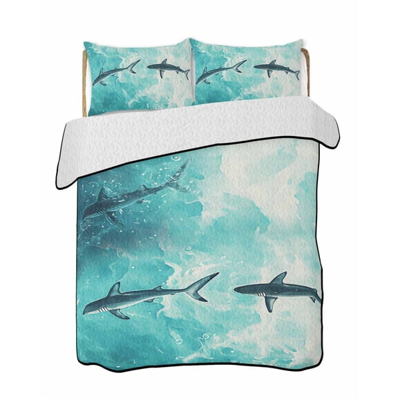 Summer Ocean Waves Quilts Bedding Set King Size Blue Shark Watercolor Animal Lightweight Quilted Bedspread 3 Piece Bed Quilt with 2 Pillow Shams All Season for Bedroom 90" x 96"