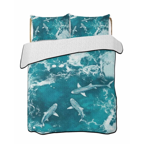 Summer Ocean Waves Quilts Bedding Set King Size Watercolor Animal Blue Shark Lightweight Quilted Bedspread 3 Piece Bed Quilt with 2 Pillow Shams All Season for Bedroom 90" x 96"