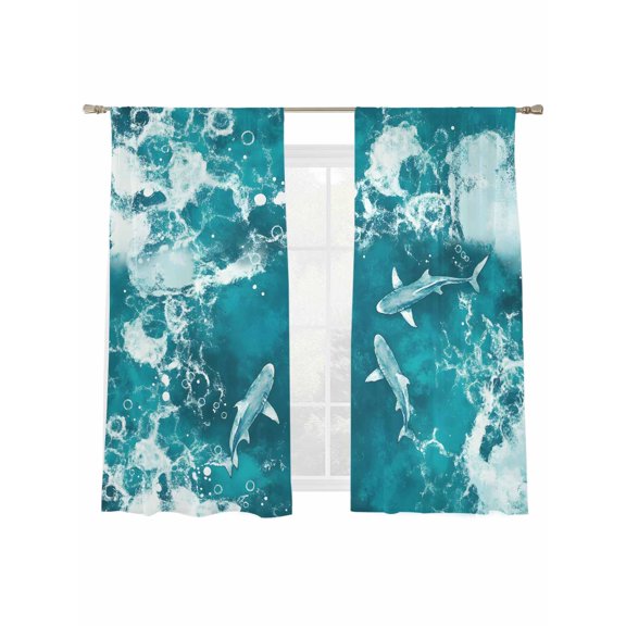 Summer Ocean Waves Sheer Curtains 72 Inch Long 2 Panels, Watercolor Animal Blue Shark Light Filtering Rod Pocket Curtains, Sheer Voile Drapes for Living Room Bedroom, 52"x72"