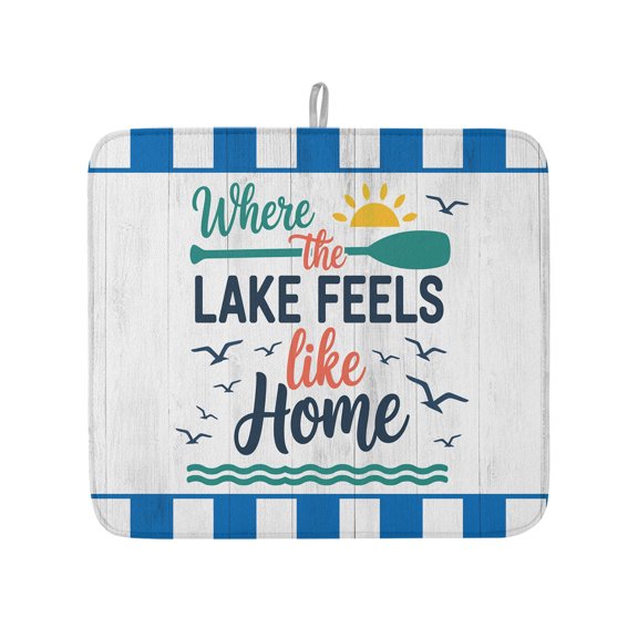Summer Ocean Wavy Retro Plank Dish Drying Mats for Kitchen Counter,Absorbent Microfiber Dish Drainer Rack Mat Lake Feels like Home Quote Drying Pad for Sinks,Utensils,Countertops,16x18in