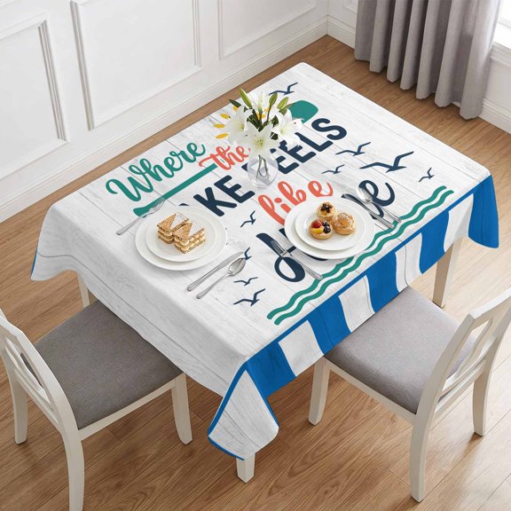 Summer Ocean Wavy Retro Plank Table Cloth 60x84in, Waterproof Rectangle Tablecloth Wipeable Tablecloths Lake Feels like Home Quote Table Covers for Dining Tables Party Indoor Outdoor
