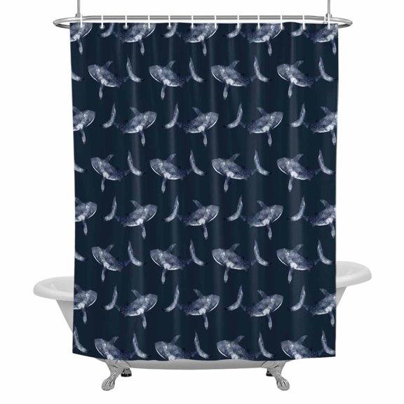 Summer Ocean Whales Bathroom Shower Curtain, Dark Blue Nautical Coastal Sea Watercolor Waterproof Washable Soft Bath Curtain for Bathtub Decor with 12 Hooks&Grommet, 36x72 Inch