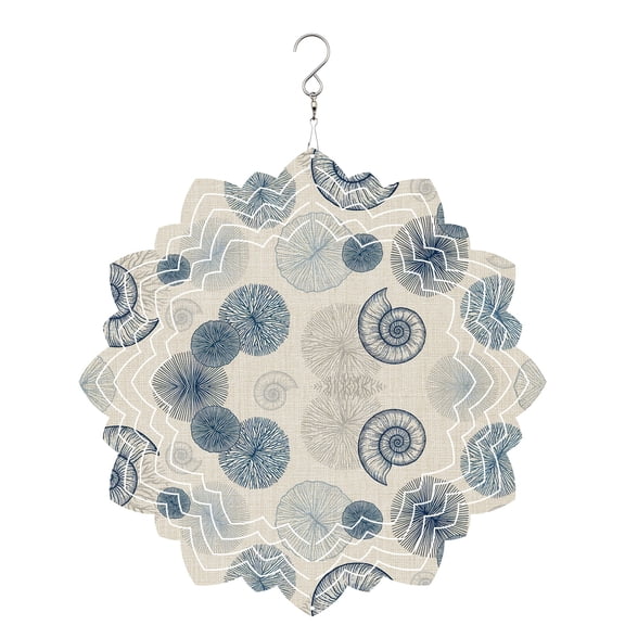 Summer Ocean Wind Spinner for Garden Yard 8In, Retro Blue Seashells Conch Coral Linen Texture 3D Stainless Steel Kinetic Hanging Wind Spinners Rustproof Outdoor Decor for Lawn Patio Home