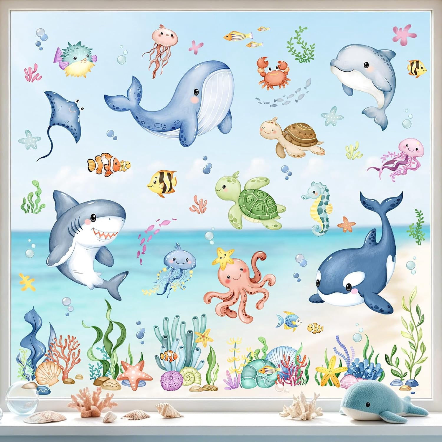 Summer Ocean Window Clings Under The Sea Fish Window Stickers | Double ...