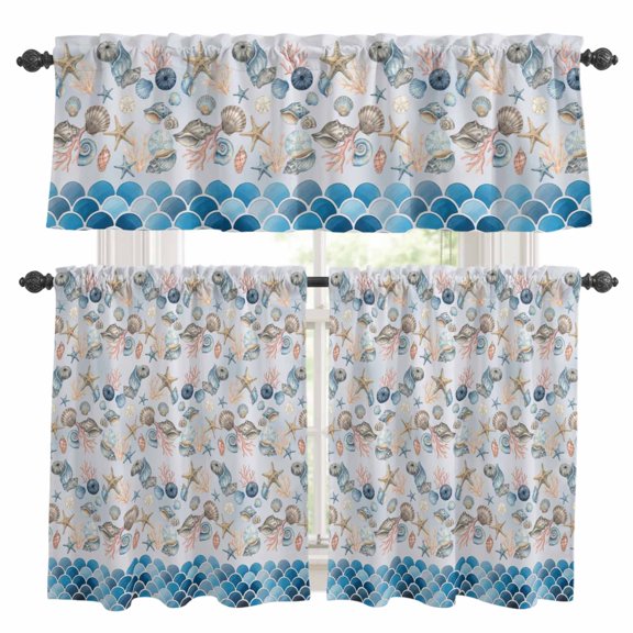 Summer Ocean Window Curtains Valance Set of 3 Coastal Starfish Conch Shell Blue Wave Seascape Rod Pocket Small Kitchen Curtain, Soft Window Treatment for Bedroom Party Holiday Decor