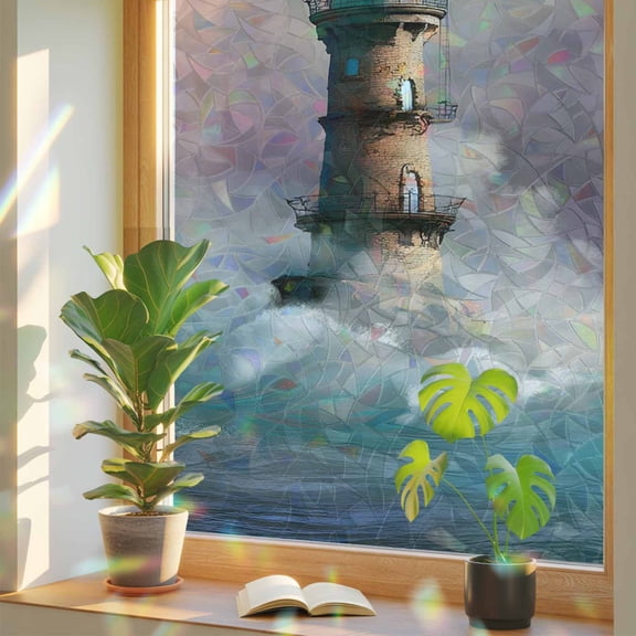 Summer Ocean Window Privacy Film, Brown Bright Lighthouse Sea Wave White Spray Seascape Stained Glass Rainbow Film Decorative Window Clings, Static Cling Sun Blocking Stickers 17.7" x 39.3"