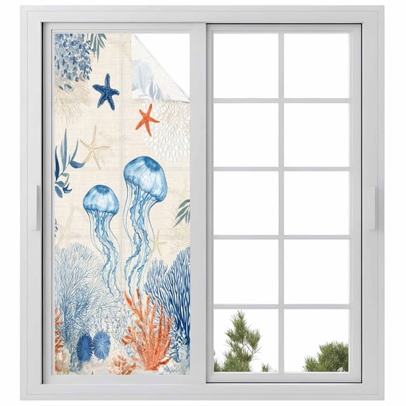 Summer Ocean Window Privacy Film, Coastal Jellyfish Orange Corals Shells Retro Linen Frosted Glass Window Clings Static Cling UV Heat Blocking Reusable Door Sticker for Bathroom 23.6 x 59 Inch