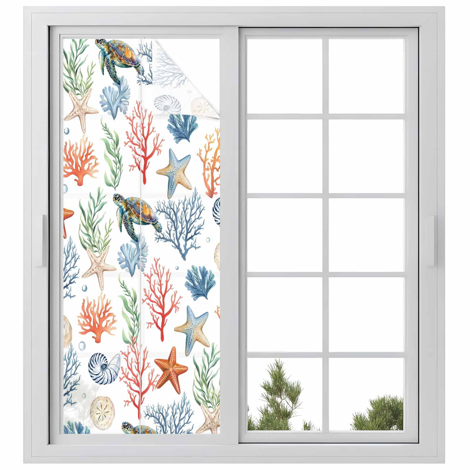 Summer Ocean Window Privacy Film, Nautical Coastal Sea Turtles Shells Corals Starfish Frosted Glass Window Clings Static Cling UV Heat Blocking Reusable Door Sticker for Bathroom 23.6 x 59 Inch