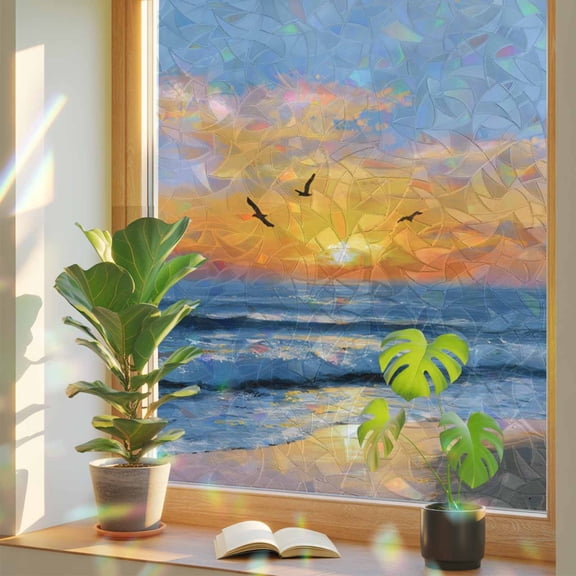 Summer Ocean Window Privacy Film, Oil Painting Blue Sea Sunset Beach Bird Stained Glass Rainbow Film Decorative Window Clings, Static Cling Sun Blocking Stickers 29.5" x 118"